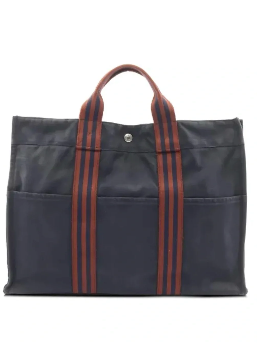 Hermes 2000s MM Fourre Tout Canvas Tote Bag with Striped Handles - Navy & Brown